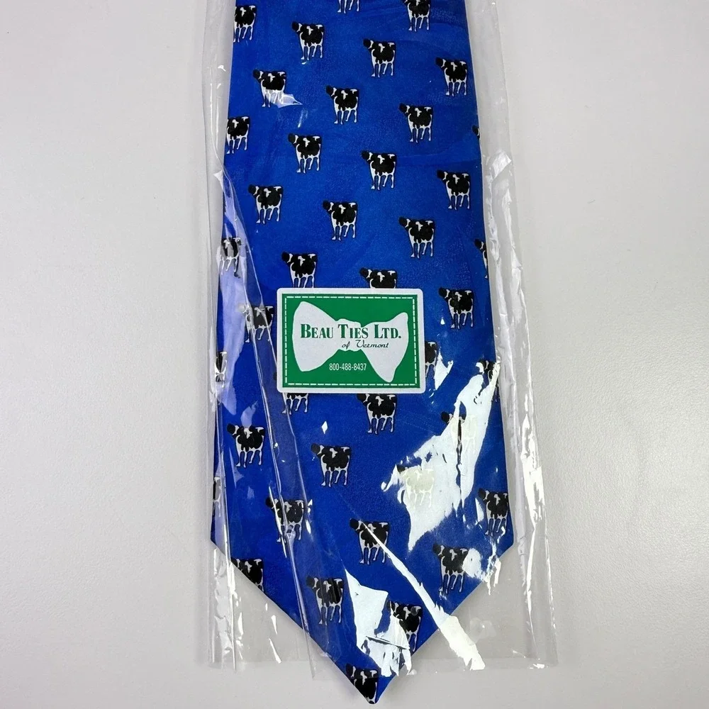 Beau Ties Ltd of Vermont Mens Blue Cow Print Silk Neck‎ Tie Hand Sewn in Vermont
